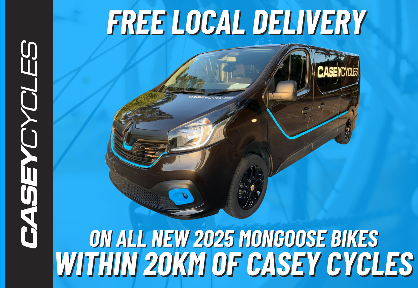 Pre order your new 2025 Mongoose bike with Casey Cycles and receive free local delivery within 20km of our Cranbourne store.