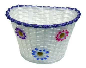 Kids Handlebar Basket - White Woven With Lilac/Purple Strip/Flowers