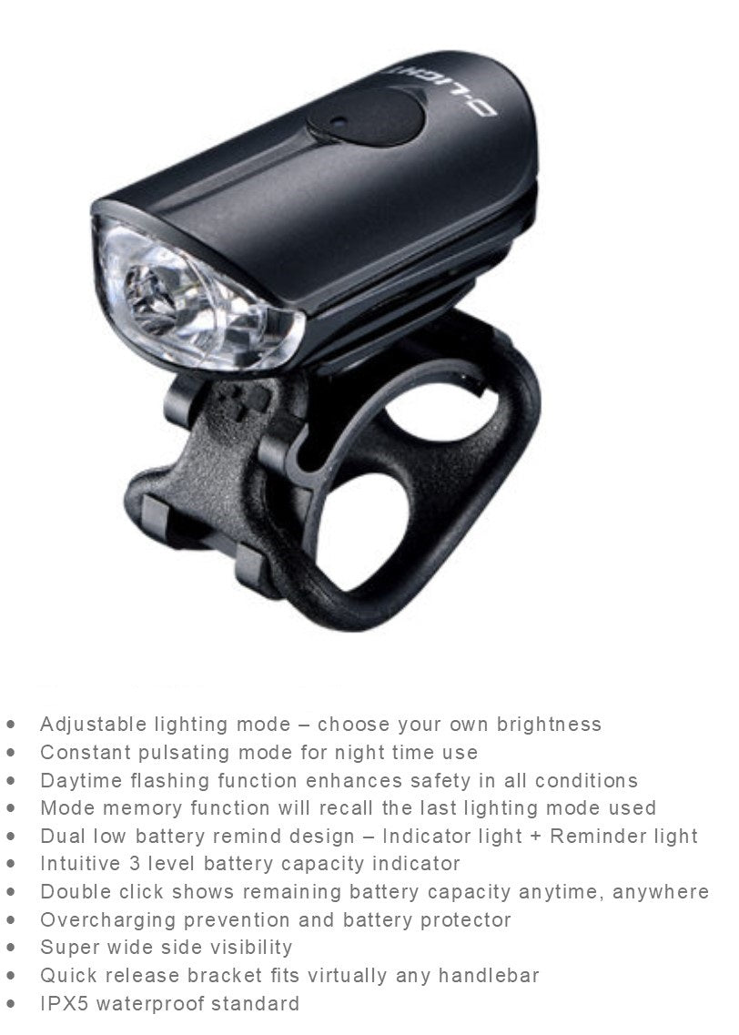 Compact 100 Lumen USB Recharge Front Light - 4 Function
