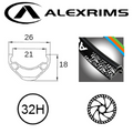 Rim 26" X 21mm - Alex Md21 - 32H - (559 X 21) - Presta Valve - Disc Brake - D/W - Black - Eyeleted - Tubeless Ready