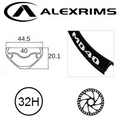 Alex MD40 27.5"/650B x 40mm Rim - 32H - 584 X 40 - Presta Valve - Disc Brake - DW - Black (Tubeless Ready)
