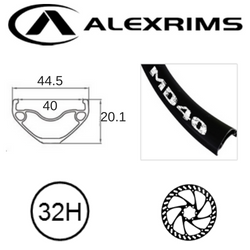Alex MD40 27.5"/650B x 40mm Rim - 32H - 584 X 40 - Presta Valve - Disc Brake - DW - Black (Tubeless Ready)